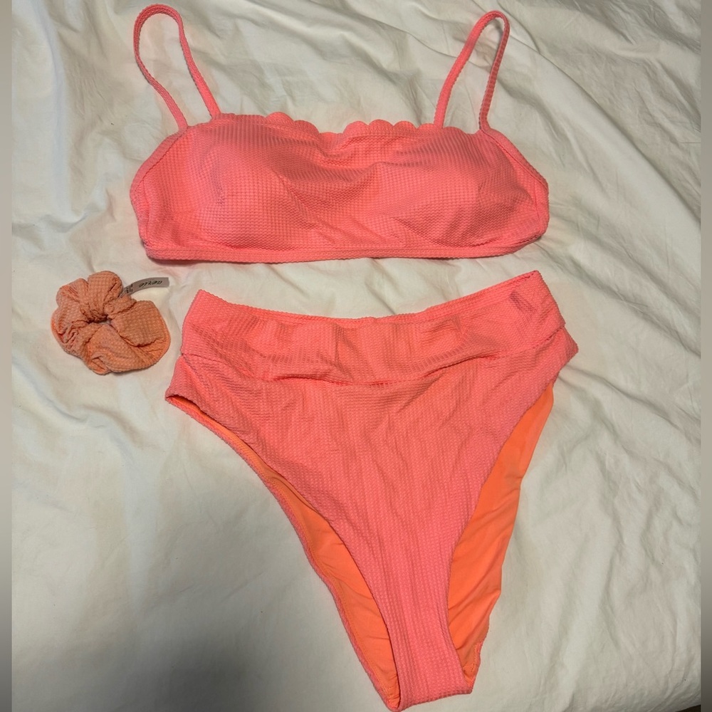 aerie Coral Pink Textured Bikini Set